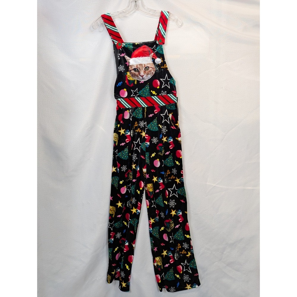 Ugly Christmas Cat Santa Velour Jumpsuit Festive Holiday Overalls NWT XS